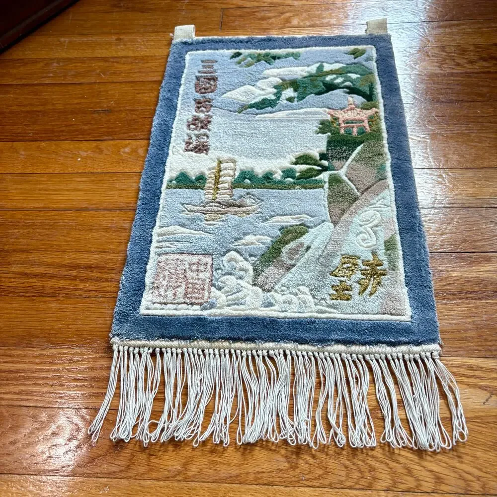 Vintage Chinese Silk Wall Hanging Rug Water and Boat Landscape Fringed Tassels